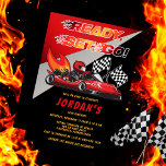 Rot | Black Go Kart Racing Birthday Einladung<br><div class="desc">Rennen Sie sich weiter und feiern Sie einen kart rennen Geburtstag. Dieses Geburtstagsgeschenk mit einem roten und schwarzen Go-Kart mit einem roten Helm und Flammen, die auf der Rückseite des Go-Kart schießen. Die Wörter "Bereit, Set, Go!" werden auch in einem brennenden Farbverlauf ausgeführt. Ein paar karierte Flaggen schwenken den Fahrer...</div>