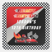 Rot | Black Go Kart Racing Geburtstag Quadratischer Aufkleber (Vorderseite)