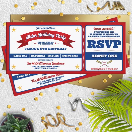 Rot & Blau Baseball Allstar-Ticket Geburtstag Einladung