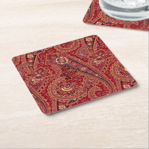 Rot, Blau, Gelb und Weiß vintage Paisley Blumenmus Rechteckiger Pappuntersetzer