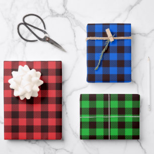 Rot Blau Grün Büffel Karo Karierter Stoff Geschenkpapier Set