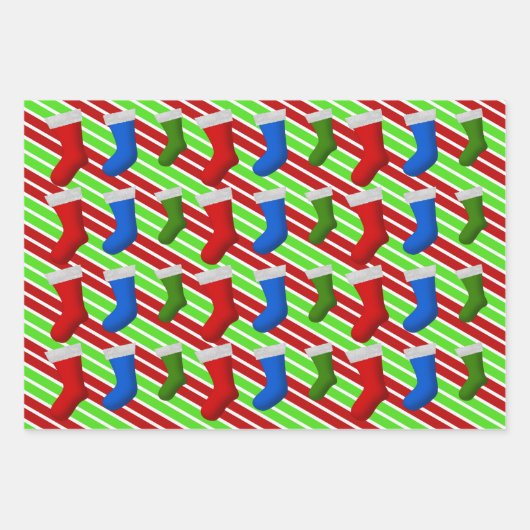 Rot, Blau, grüne Weihnachtsbäume, Strumpf und Stre Geschenkpapier Set (Vorderseite 3)