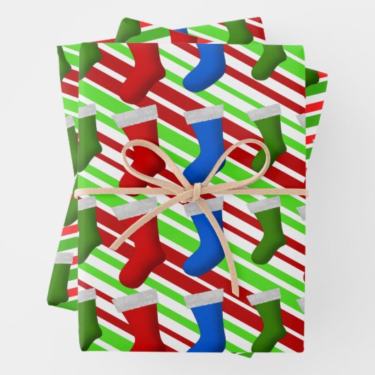 Rot, Blau, grüne Weihnachtsbäume, Strumpf und Stre Geschenkpapier Set (Beispiel)
