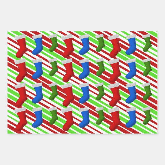 Rot, Blau, grüne Weihnachtsbäume, Strumpf und Stre Geschenkpapier Set (Vorderseite)