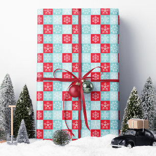 Rot Blau Kariertes Schneeflocken Weihnachten  Geschenkpapier