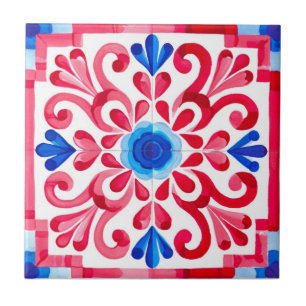 Rot & Blau Mexikanisch Traditionelle Florale Talav Fliese