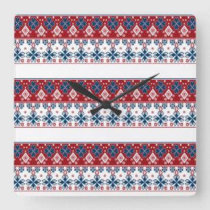 Rot-Blau-Ornament Quadratische Wanduhr