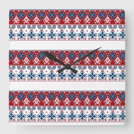 Rot-Blau-Ornament Quadratische Wanduhr (Vorderseite)