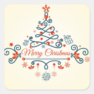 Rot-blau Retro-Stil Weihnachtsbaumdesign Quadratischer Aufkleber