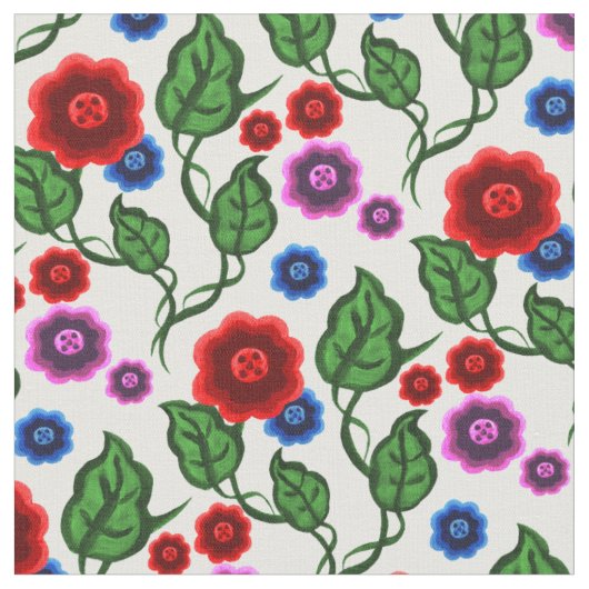Rot/blau/rosa Blume/grüne Blätter/Folk Stoff (Nahaufnahme)
