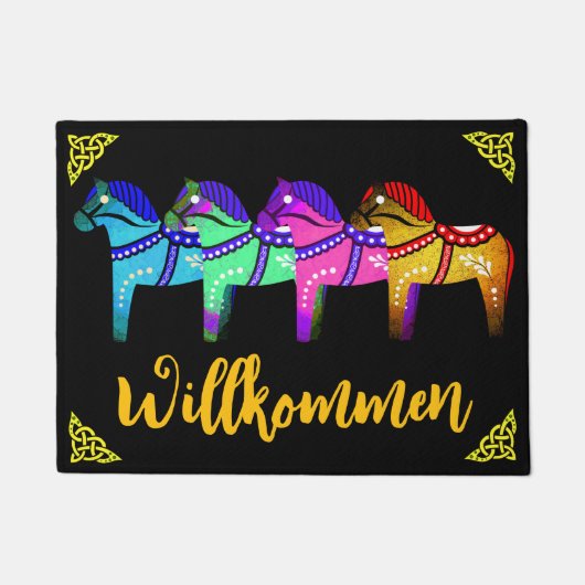 Rot/blau/rosa/grün Nordisches Folklopferd Dala Fußmatte (Vorderseite)