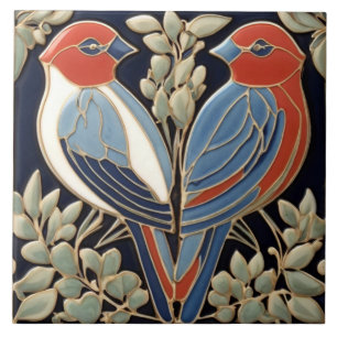 Rot Blau Vogelpaar - Art Nouveau Art Deco Vögel Fliese