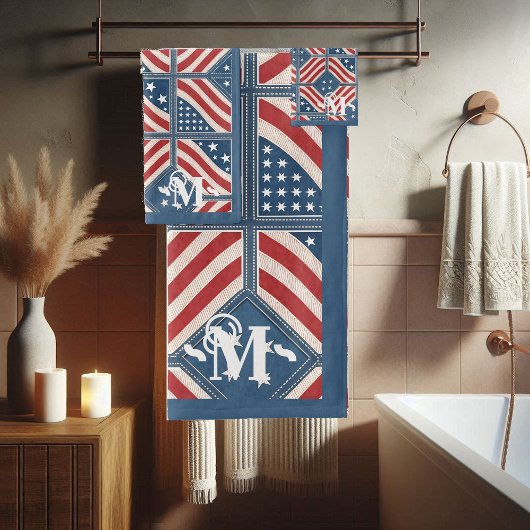 Rot-Blau-Weiße Muster US Flagge Monogram Badhandtuch Set