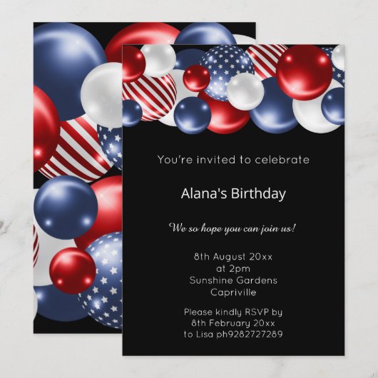 ROT BLAUE BLACK PATRIOTIC BALLOON BIRTHDAY EINLADUNG (Vorne/Hinten)