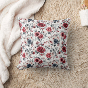 Rot Blaue Creme Vintage Blumen Aquarell  Kissen