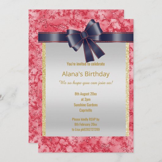 ROT BLAUE GLITZER ROT BLAU BODEN EINLADUNG (Vorne/Hinten)