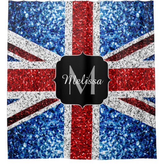 Rot-blaue Glitzern, Monogram Duschvorhang (Vorderseite)