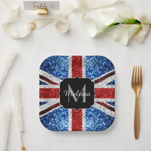 Rot-blaue Glitzern, Monogram Pappteller (Hochzeit)
