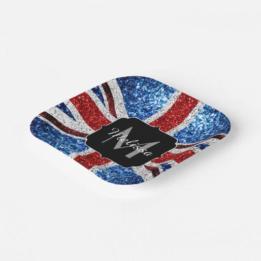 Rot-blaue Glitzern, Monogram Pappteller (Gewinkelt)