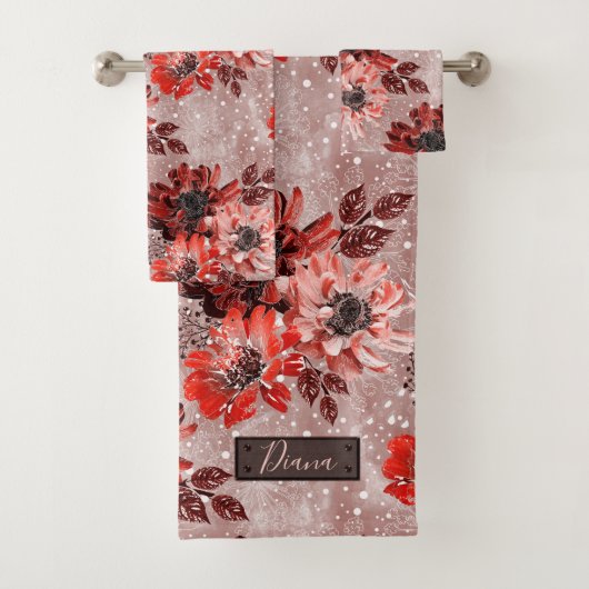 Rot, bordeauxrote Blume. Badhandtuch Set (Insitu)
