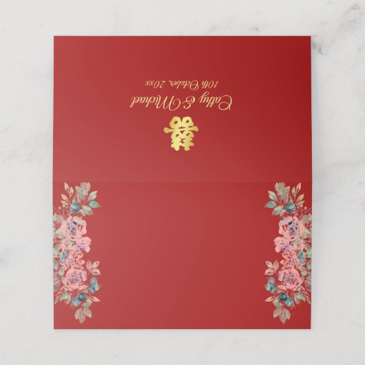 Rot-Chinesisch-Doppelglücklichkeit rustikale Blume Platzkarte (Außenseite Aufgefaltet)