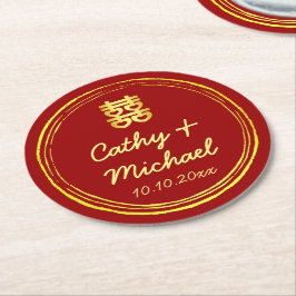 Rot-Chinesische Hochzeit-Briefmarke-Logo Runder Pappuntersetzer