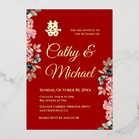Rot-Chinesische Hochzeit doppeltes Glück floral Folieneinladung (Vorderseite)
