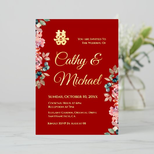 Rot-Chinesische Hochzeit doppeltes Glück floral Folieneinladung (Stehend vorne)