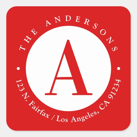 Rot | Circle Monogram Rücksendeadresse Quadratischer Aufkleber (Vorderseite)