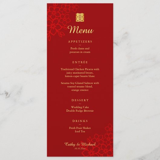 Rot Doppelfröhlichkeit Blumenzehen Chinesisch Hoch Menükarte (Vorderseite)