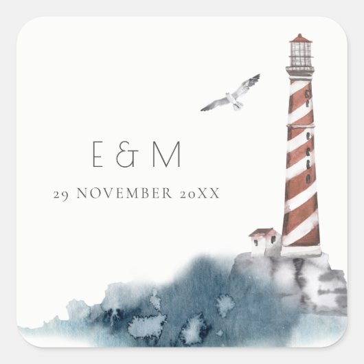 ROT DUSKY BLAUE LIGHTHOUSE MEA MONOGRAM WEDD QUADRATISCHER AUFKLEBER (Vorderseite)