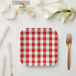 Rot & Elfenbein Cottagecore Gingham Karo Kariert Pappteller