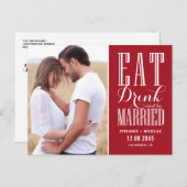 Rot essen, trinken und Save the Date Verheiratet s Ankündigungspostkarte (Vorne/Hinten)