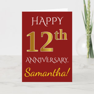 Rot, Faux Gold 12. Hochzeitstag + Name Karte