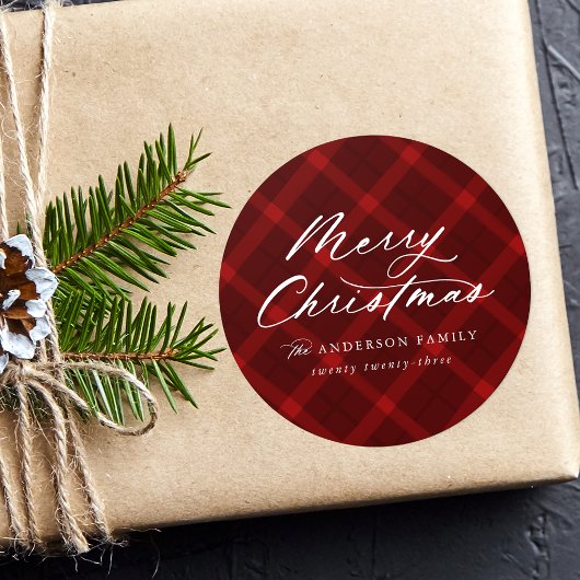 Rot gebürstet Kariert Frohe Weihnachten Runder Aufkleber