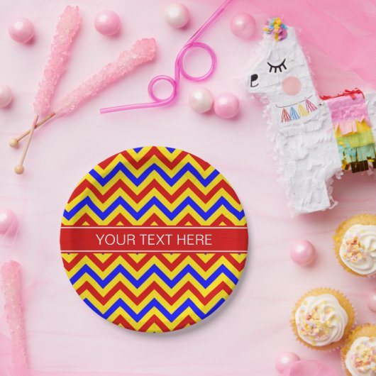 Rot, gelb, blau LG, Zickzack, rotes Monogramm Pappteller (Party)