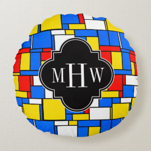 Rot-Gelb-Mondrian-Schwarz-Quatrefolie 3 Monogramm Rundes Kissen