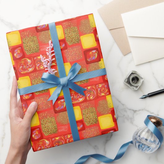 Rot-Gelb-Quadrat Imitate Glitzer Opal Geschenkpapier (Schenken)