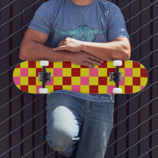 Rot Gelb Rosa Karomuster Design Skateboard (Außenbereich 3)