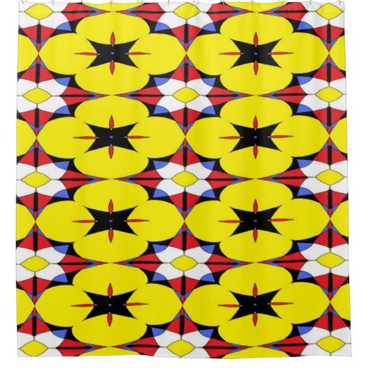 Rot, Gelb, Schwarz und Blauer Kaleidoskop Duschvorhang (Vorderseite)