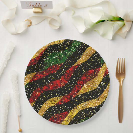 Rot-Gelb-Schwarze Wellen des festlichen Glitzer Pappteller (Hochzeit)