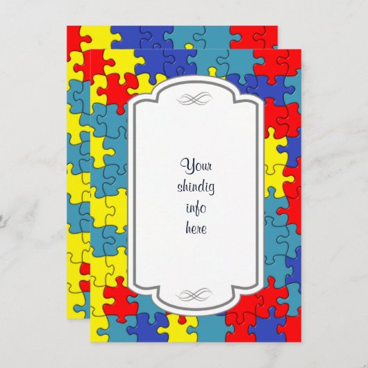 Rot, Gelb und Blauer Autismus Puzzle Einladung (Vorne/Hinten)