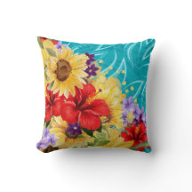 Rot, Gelb, violette Blumen auf Aqua