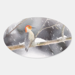 Rot-Gelb Woodpecker Malerei Original Vogelkunst Ovaler Aufkleber