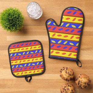 Rot-Gelbblau-Blätterteig Ofen Mitt und Töpfchen Ofenhandschuh & Topflappen-Set