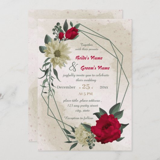 Rot-gelbe Blumen geometrische Hochzeit Einladung (Vorne/Hinten)