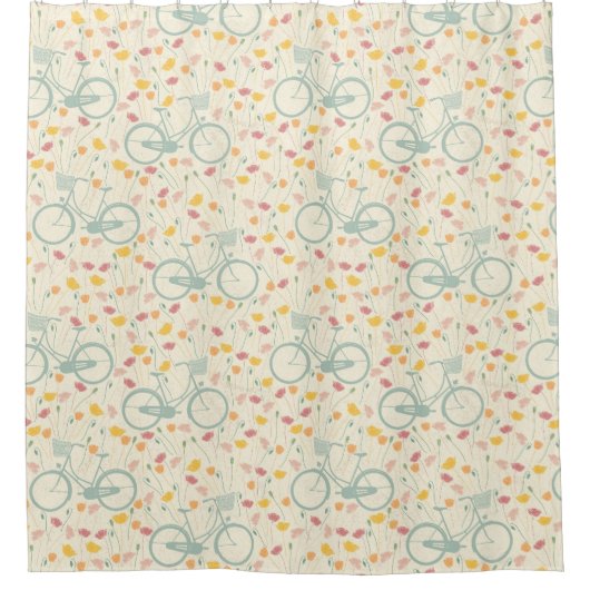 Rot, gelbe Blumen mit blauem Fahrrad Whimsical Duschvorhang (Vorderseite)