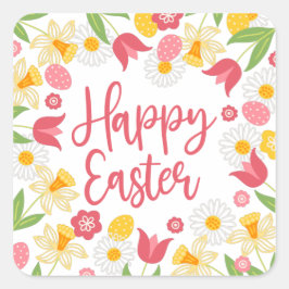 Rot Gelbe Blumige Frohe Ostern Quadratischer Aufkleber