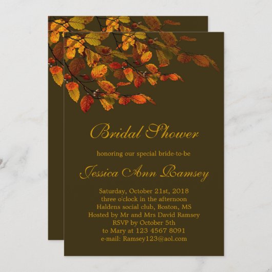 Rot, gelbe Herbstblätter Bridal Dusche Einladung (Vorne/Hinten)