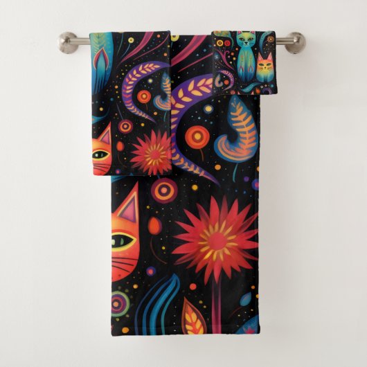 Rot-Gelbe Katzen Badhandtuch Set (Insitu)